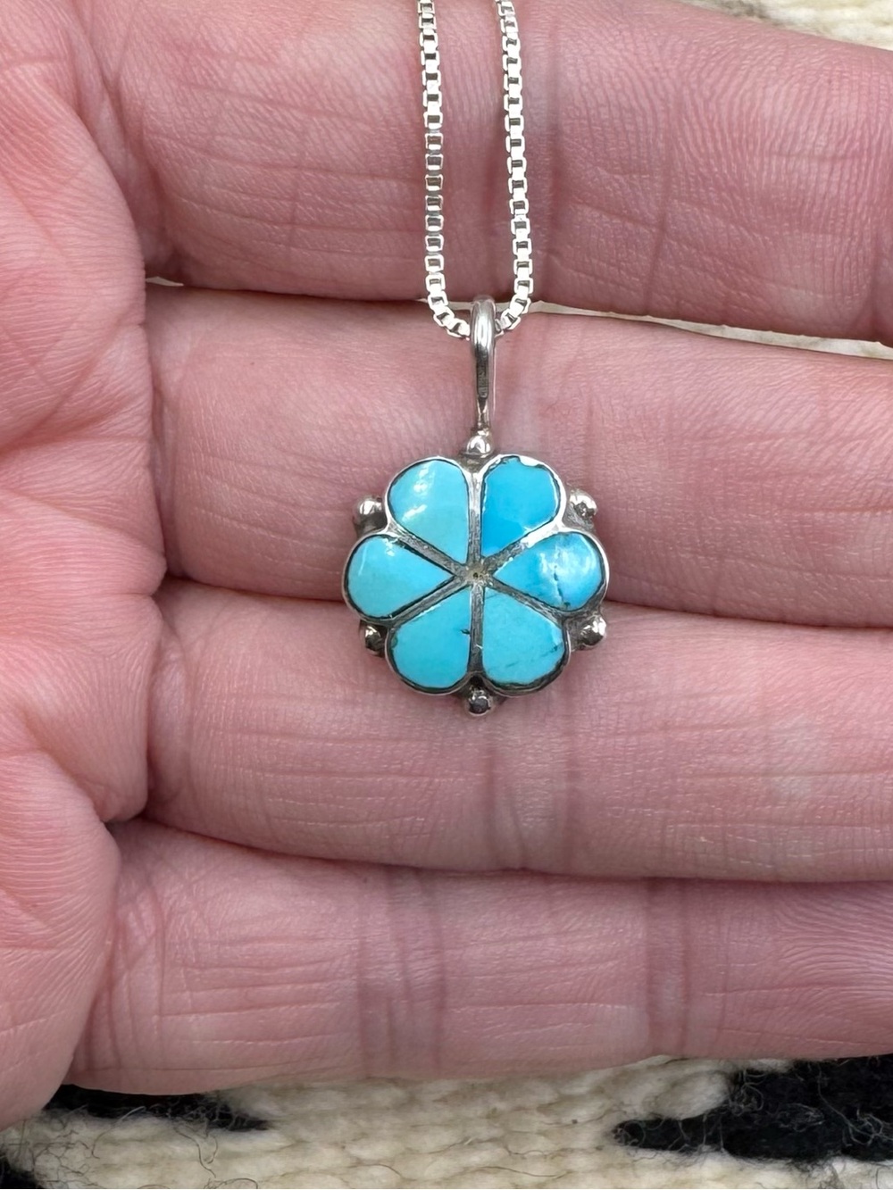 Zuni Native American Sterling Silver Natural Turquoise Inlay Pendant Necklace